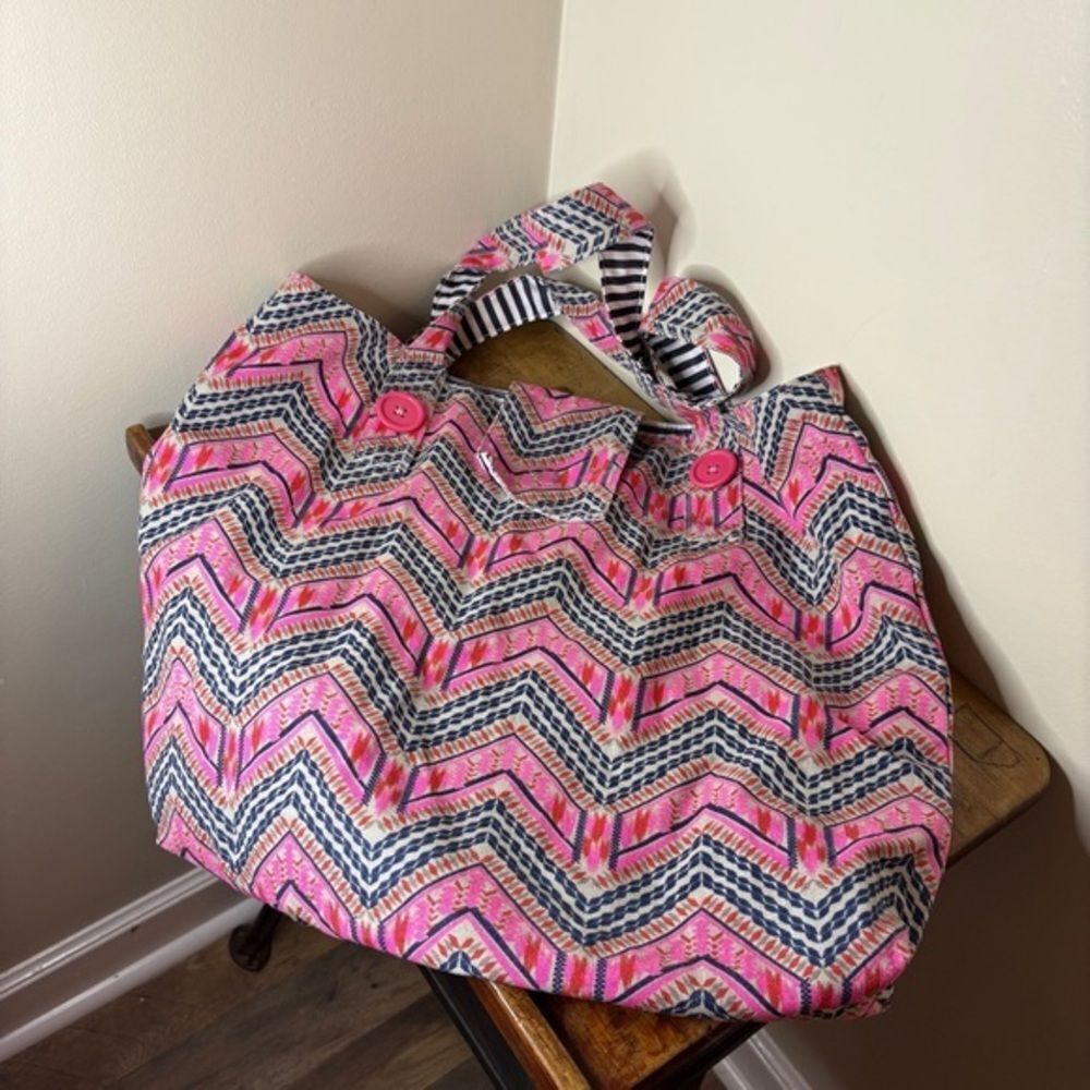 Vibrant Pink Blue Chevron White Black Reversible Large Tote Bag see pix stains